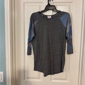 Lularoe Gray Top with Blue Patterned Sleeves